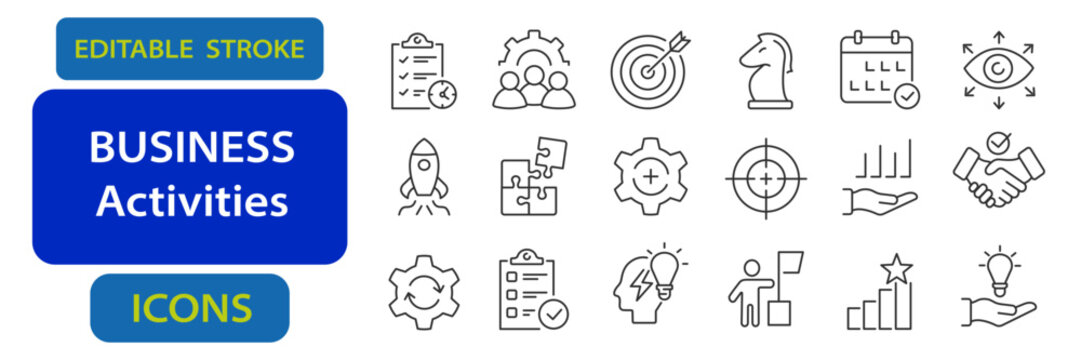Business activities editable stroke icons including checklist, teamwork, target, strategy, calendar, graph, puzzle, idea, success, and handshake