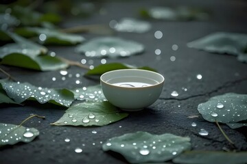 白茶碗と水滴が輝く葉の静物写真