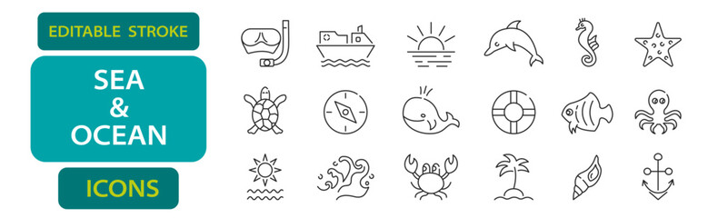 Sea and ocean editable stroke icons including fish, turtle, dolphin, wave, starfish, shell, anchor, crab, seahorse, and lifebuoy