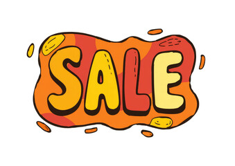 Cartoonish "SALE" text in a vibrant orange and red bubble, outlined in brown