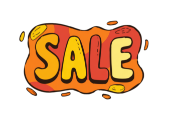 Cartoonish "SALE" text in a vibrant orange and red bubble, outlined in brown