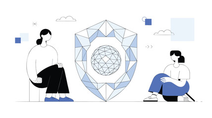 Two figures embrace digital security symbolized by a geometric shield and globe in a minimalist flat