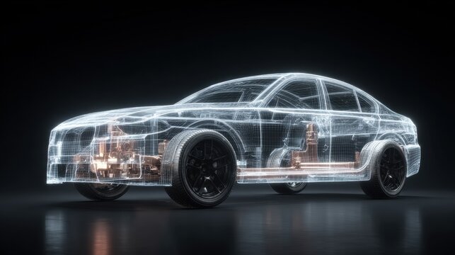 3D Wireframe Model of an Electric Vehicle Showcasing Technology and Engineering Innovations in Automotive Design