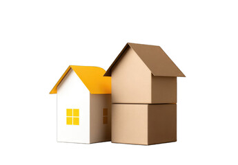 Two stylized houses, one small white with a yellow roof, the other a stack of brown cardboard boxes forming a larger, three-story house