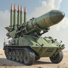 Military missile launcher vehicle in desert