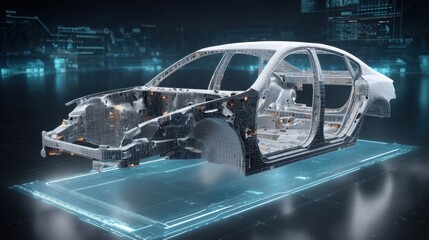 Futuristic Wireframe Model of a Car Chassis with Digital Interface and Technology Elements