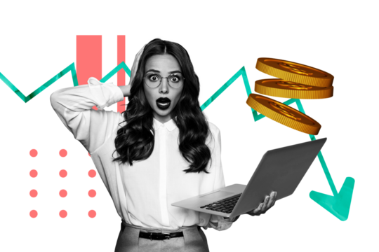 Composite trend artwork 3D sketch image photo collage of arrow trader business rich money coin loss decrease young lady omg face laptop