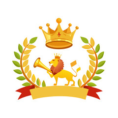 Gold crown of the king. laurel wreath, trumpet, lion, ribbon, vector illustration icon .king