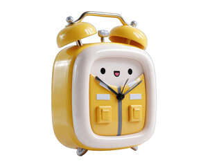 Yellow cartoon alarm clock with a happy face