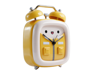 Yellow cartoon alarm clock with a happy face