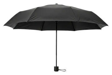 Classic open black umbrella for rain and weather protection isolated on a transparent background