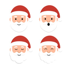A set of Santa Claus icons with various expressions. Santa Claus's face with various expressions in a flat style. Vector illustration.