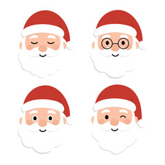 A set of Santa Claus icons with various expressions. Santa Claus's face with various expressions in a flat style. Vector illustration.