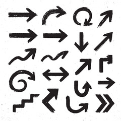 Grunge hand drawn arrows set, rough brush stroke direction symbols for design and navigation icons