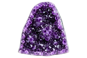 Natural raw amethyst geode with sparkling purple crystals isolated on a transparent background