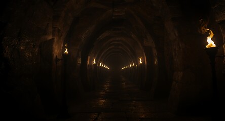 Obraz premium Dark stone corridor lit by burning torches, mysterious tunnel, fantasy background, medieval passage