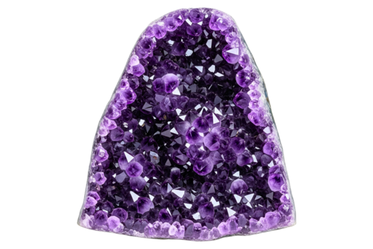 Natural raw amethyst geode with sparkling purple crystals isolated on a transparent background