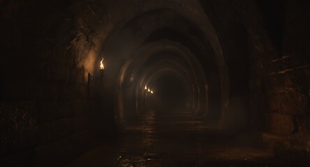 Obraz premium Dark stone corridor with arched ceiling and lit torches