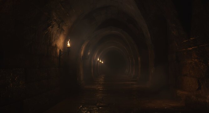 Dark stone corridor with arched ceiling and lit torches