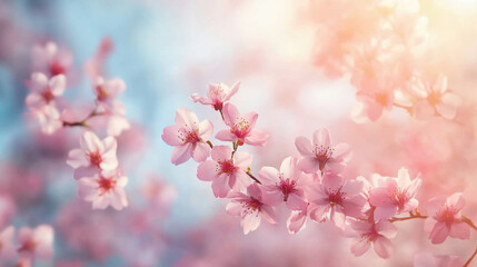 Fototapeta premium sakura flowers of pink color on sunny backdrop.