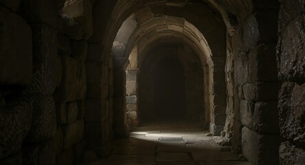 Fototapeta premium Dark stone corridor with arched ceilings and light streaming in from an opening.