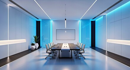 Sleek Modern Office Interior with Geometric Lines and Blue Light