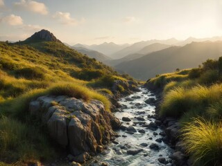 Rocky Stream Flows Through Lush Green Mountain