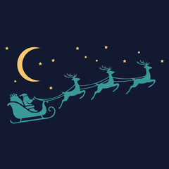 Vector art of santa claus flying in his sleigh pulled by reindeer across the night sky with a crescent moon and stars