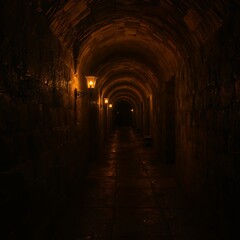 Fototapeta premium Dark stone corridor with lit lanterns, mysterious, gothic, archway, ancient passageway