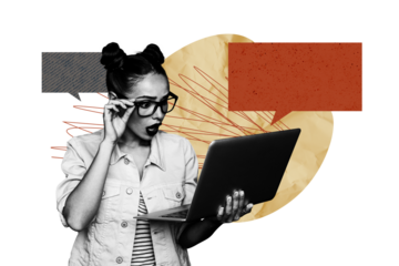 Composite photo collage of shocked girl hold laptop device alert warning trojan virus cyberattack problem it isolated on painted background