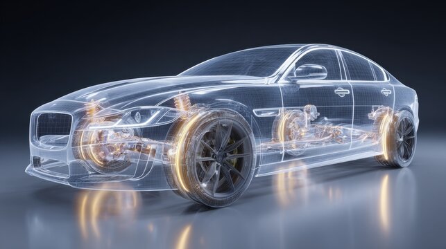Transparent Car Model Showcasing Detailed Internal Components and Innovative Engineering Design