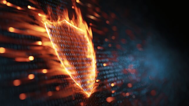 Digital Shield Symbol with Flame Effect on Binary Background