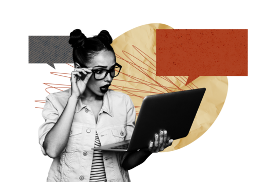 Composite photo collage of shocked girl hold laptop device alert warning trojan virus cyberattack problem it isolated on painted background