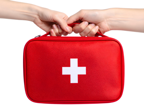 Firefly_Hands holding a red first aid kit with a white cross on a transparent background medi