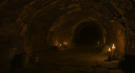 Fototapeta premium Dark stone tunnel with lit candles and ancient pots