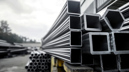 Aerial view of neatly stacked steel pipes in a storage yard, demonstrating the extensive inventory and readiness for distribution.
