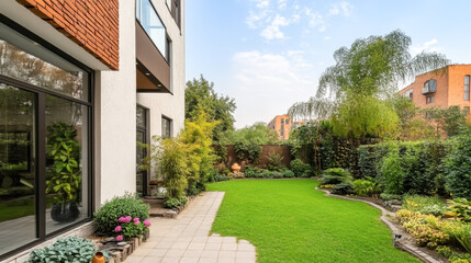 modern house with garden, windows, sky
