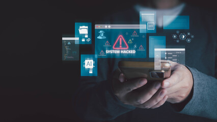 A person is holding a smartphone in a dark setting, while digital interfaces indicating a "SYSTEM HACKED" warning appear around them, illustrating a cybersecurity breach.