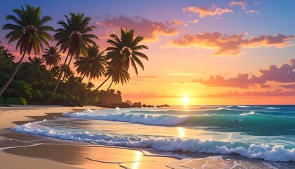 A serene beachfront scene features palm trees silhouetted against a vibrant sunset sky, with waves lapping the sandy shore