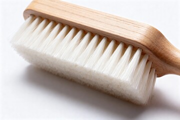 Wooden cleaning brush with soft bristles on white background  

