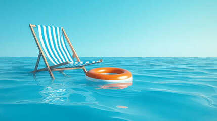 concept of a tropical vacation. A chaise longue under an umbrella and surfboard on the sandy island