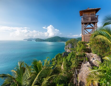 a wooden lookout tower perched atop a rocky cliff surrounded by lush greenery and palm trees overlooking a serene sea ideal for adventure travel nature themes or security concepts