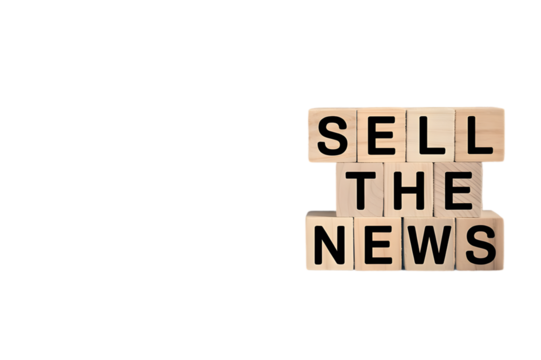 Wooden letter tiles spelling out the phrase sell the news arranged in a stacked formation isolated on transparent background