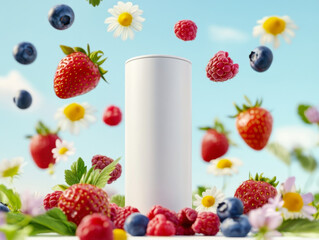 Mixed berries smoothies fruit with milk, yogurt splashing of Tropical fruits isolated on white background