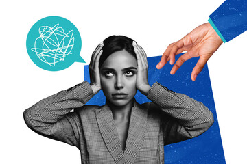 Composite photo collage of sad girl close ears hate hand pressure brainwash bubble scribble mental trauma isolated on painted background