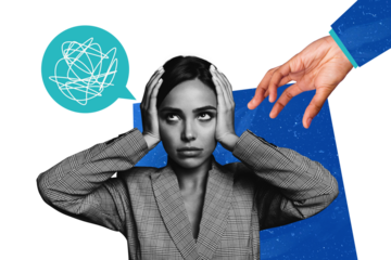 Composite photo collage of sad girl close ears hate hand pressure brainwash bubble scribble mental trauma isolated on painted background