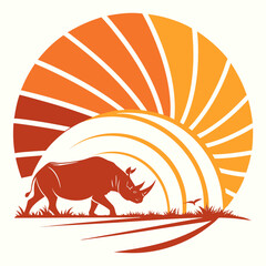 Stylized rhinoceros silhouette against an orange sunset background. Perfect for safari posters, wildlife conservation designs, logos, eco projects, and nature-themed artwork © jubayer71