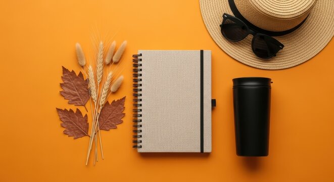 Autumnal flat lay with notebook and travel essentials - Powered by Adobe