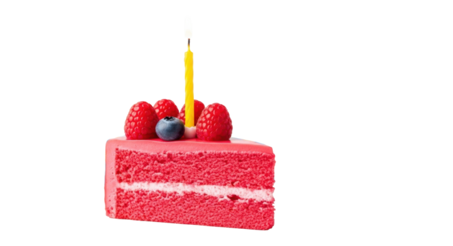 Slice of pink birthday cake with creamy frosting, red raspberries, blue blueberry, lit yellow candle on white background with festive streamers, joyful birthday celebration atmosphere