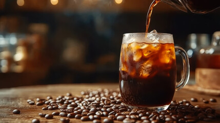 Hot cup of coffee with coffee beans over dark wood